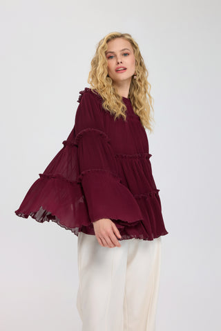 Piliseli Şifon Kadın Bluz - Burgundy (1)