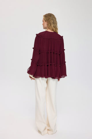 Piliseli Şifon Kadın Bluz - Burgundy (4)