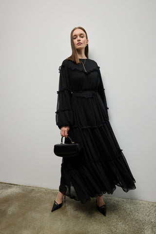 Şifon Fırfırlı Kadın Elbise - Siyah (2)
